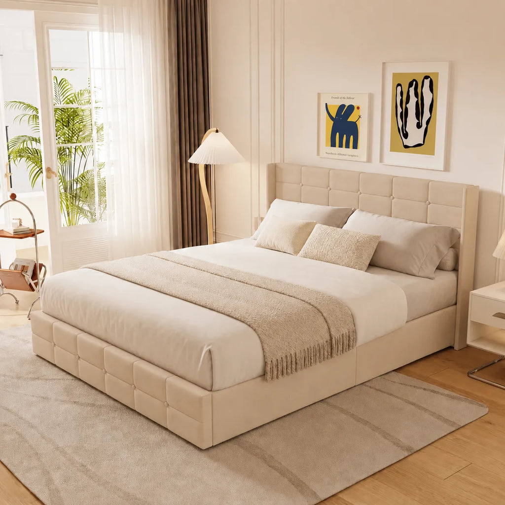 Lit coffre 160x200 capitonné gris ou beige — avec rangement, sommier à lattes inclus