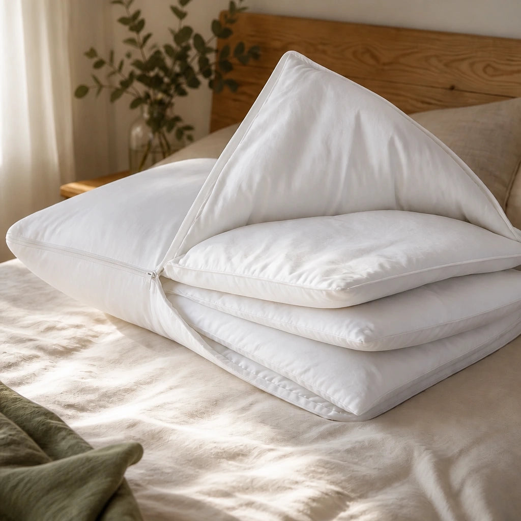 Oreiller à hauteur ajustable Somnolia ouvert sur un lit, ses trois couches visibles