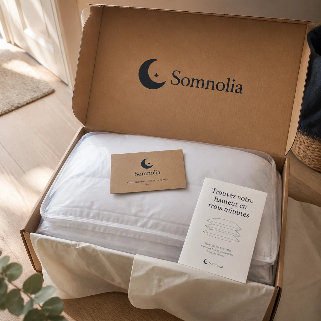 Colis Somnolia en carton kraft ouvert : oreiller sous film, étiquette et notice Trouvez votre hauteur en trois minutes