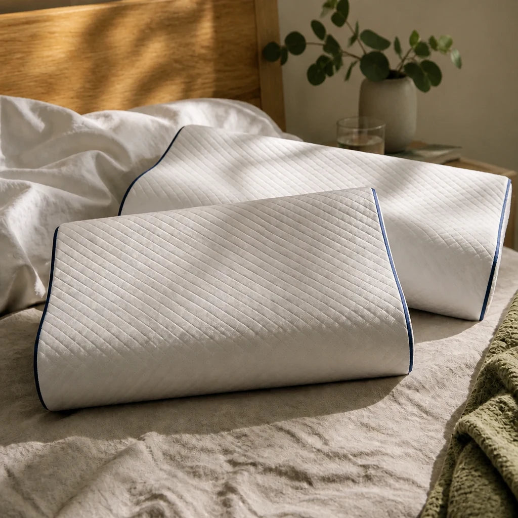 Oreillers ergonomiques Somnolia à double vague posés sur un lit en chêne clair et lin écru