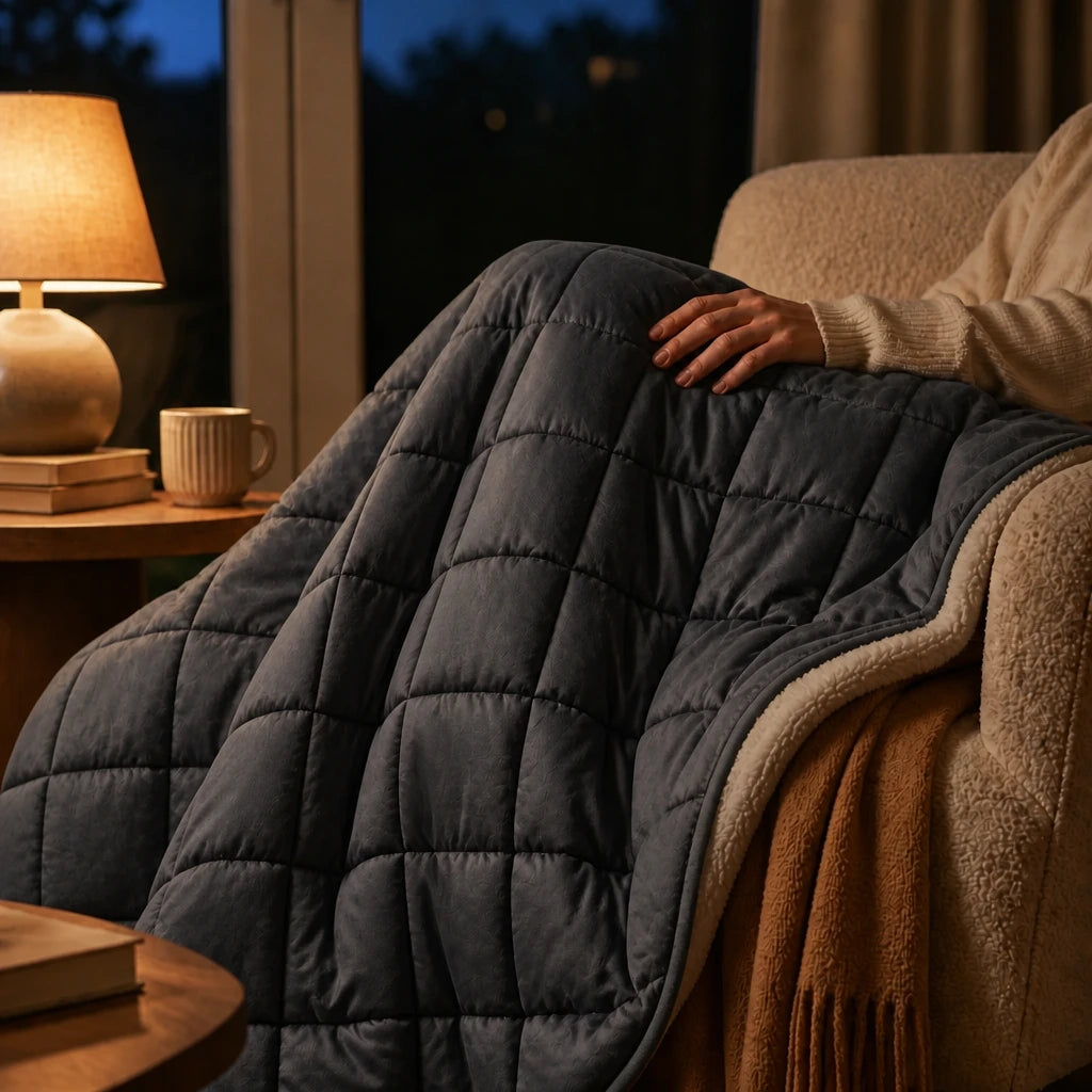 Couverture lestée drapée sur les jambes dans un fauteuil, lampe allumée en fin de journée