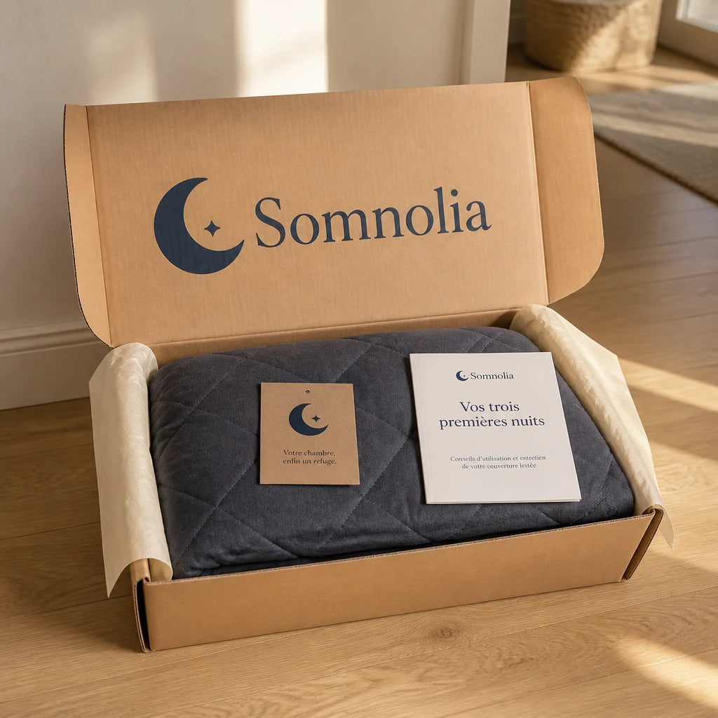 Colis Somnolia ouvert : couverture lestée pliée, étiquette kraft et notice Vos trois premières nuits