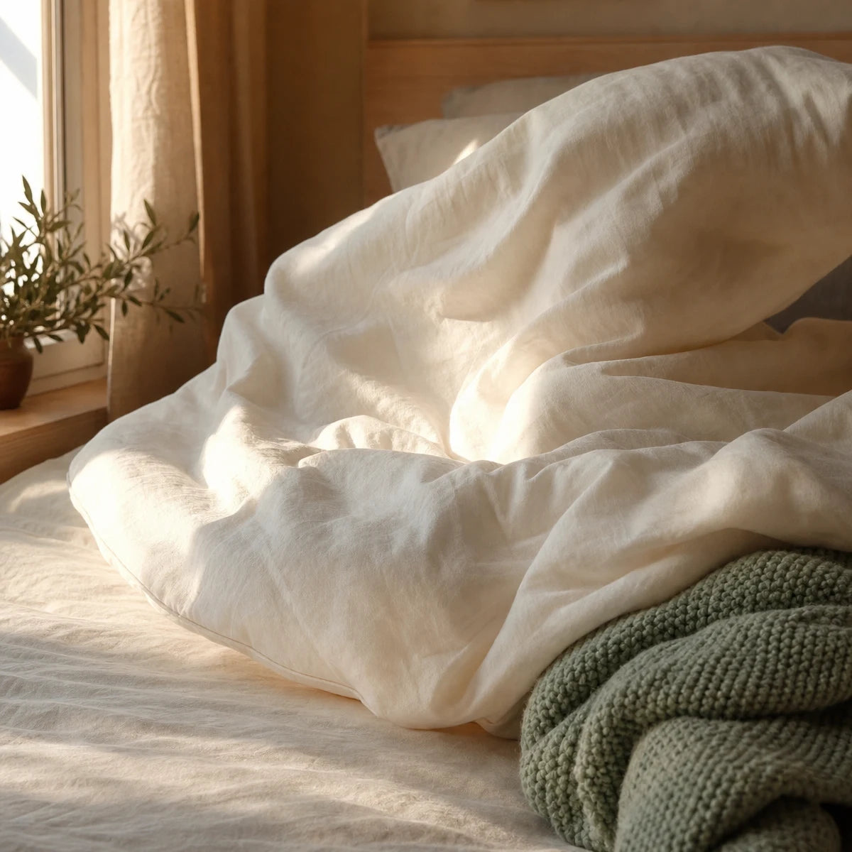 Couette épaisse écrue retombant sur un lit, plaid en maille vert sauge plié