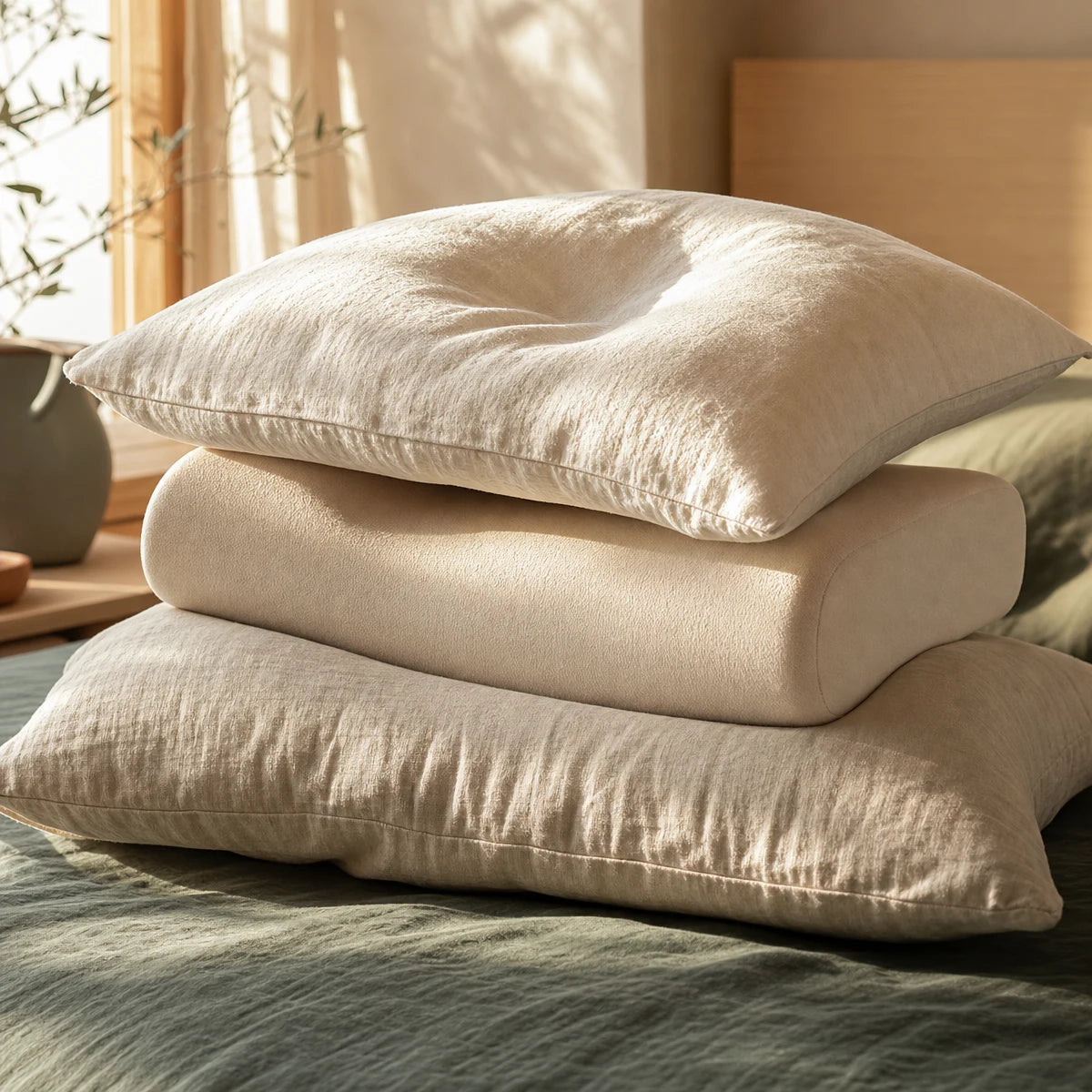 Trois oreillers empilés dont un oreiller ergonomique à mémoire de forme