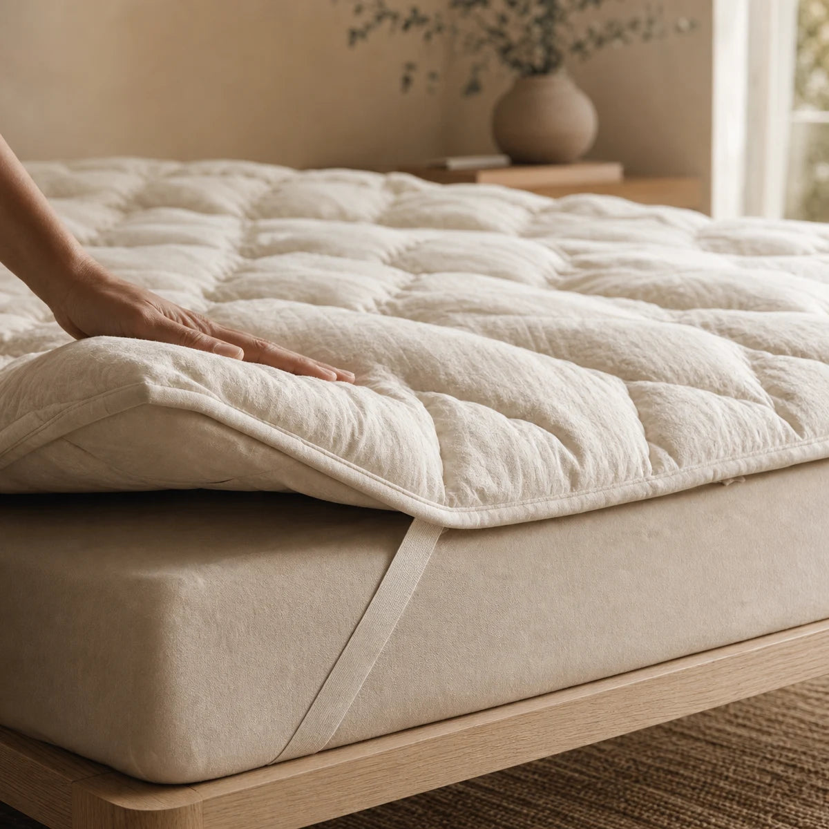 Surmatelas matelassé épais posé sur un matelas, coin relevé montrant l'épaisseur