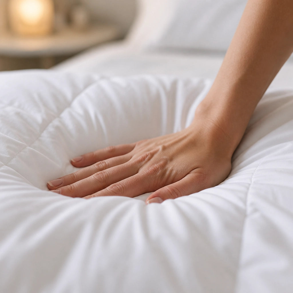 Main pressant la couette : le garnissage se creuse profondément et remonte en bourrelet tout autour