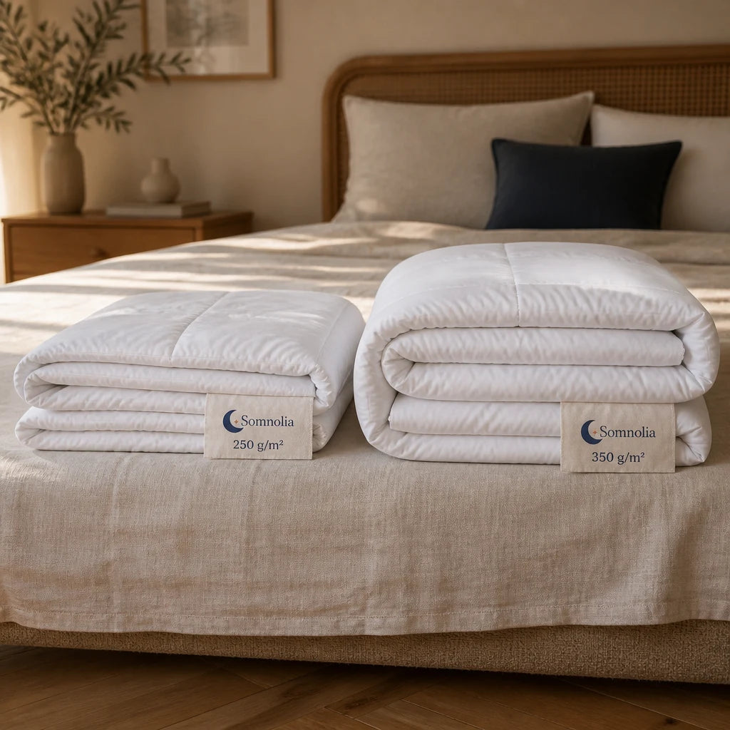 Les deux grammages côte à côte : couette légère 250 g/m² et couette tempérée 350 g/m²