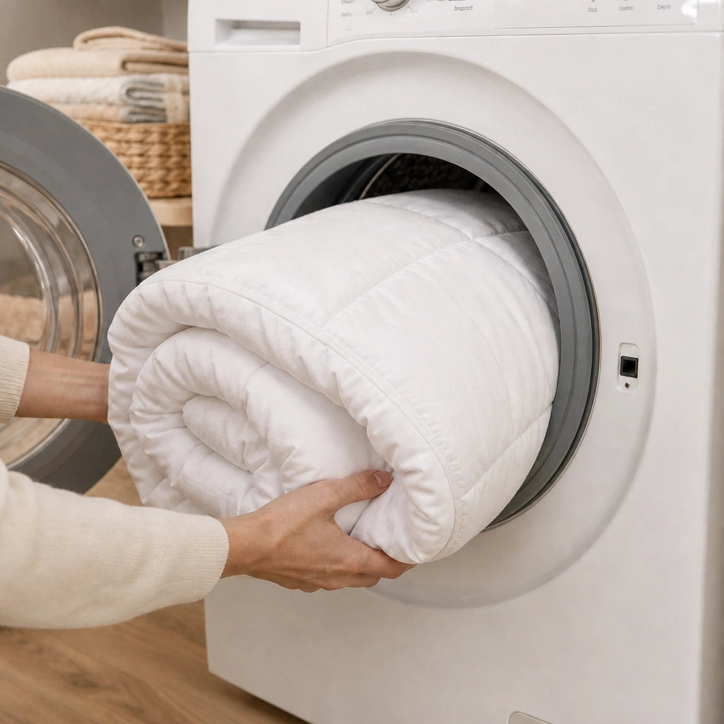 Couette Somnolia roulée glissée dans le tambour d'un lave-linge domestique