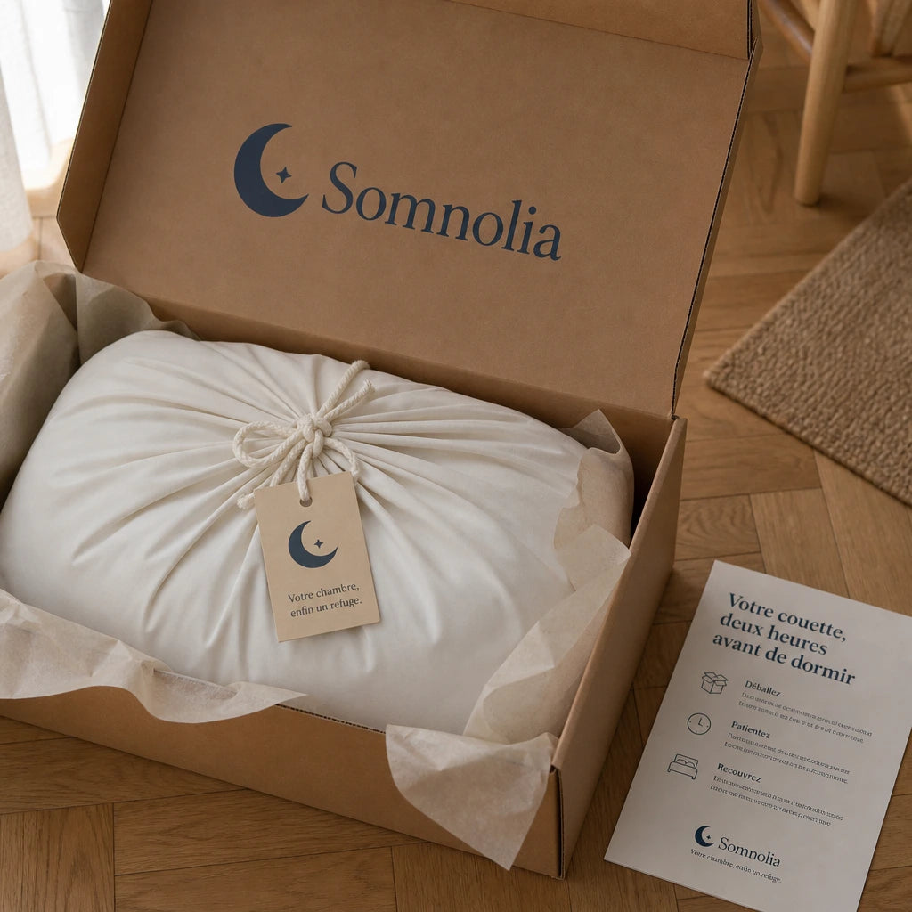 Colis Somnolia ouvert : couette dans sa housse en coton écru, étiquette kraft et notice d'installation