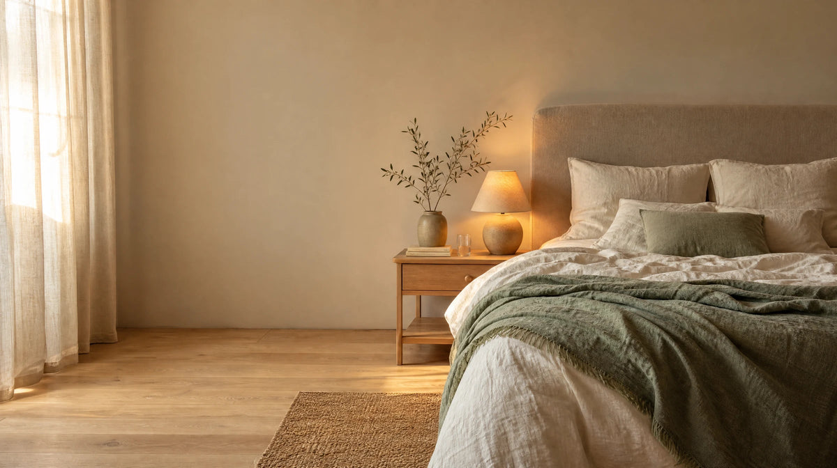 Chambre parentale baignée de lumière dorée, lit habillé de lin froissé écru et plaid vert sauge