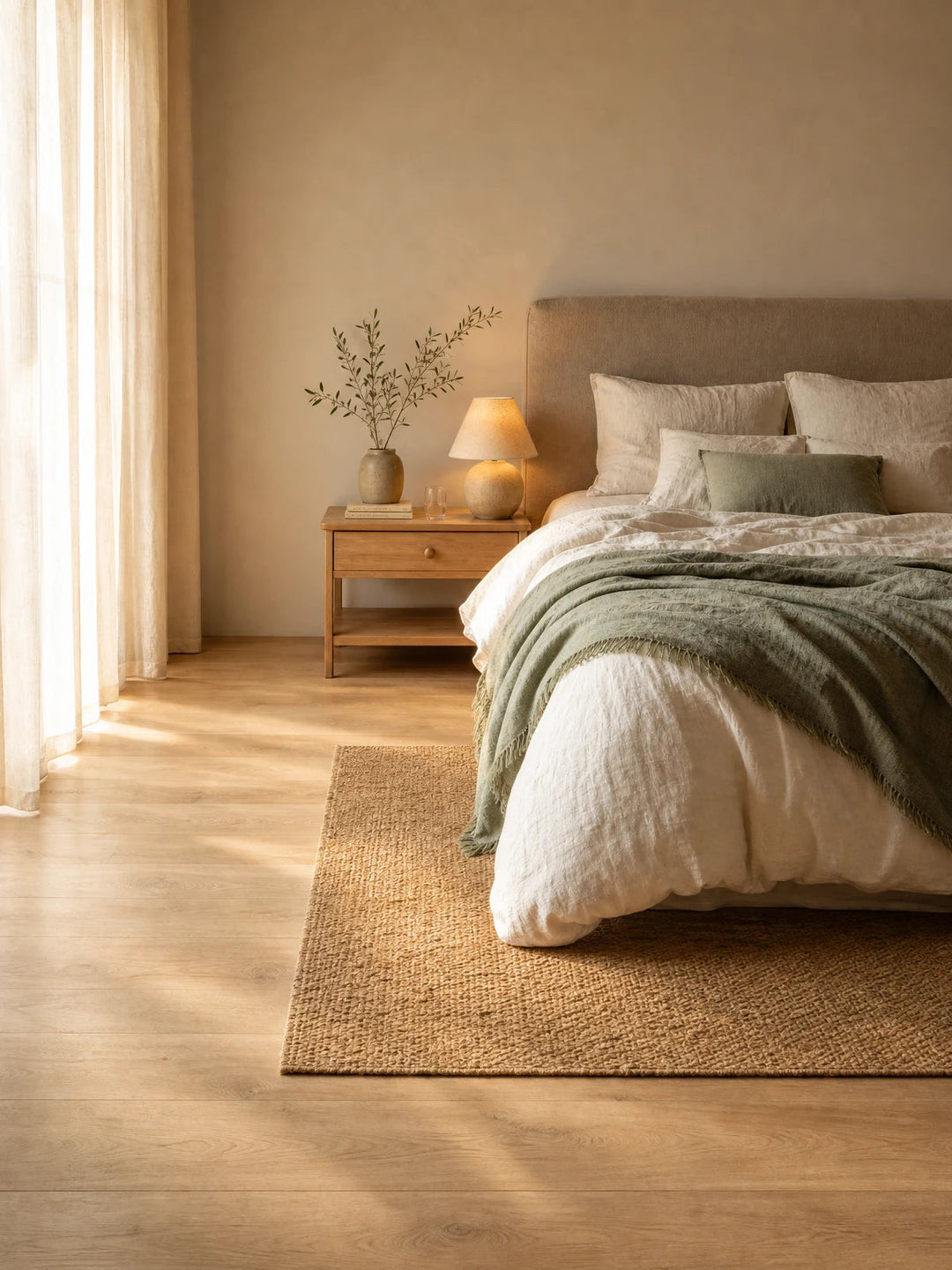 Chambre calme au lever du jour avec lit en lin froissé et parquet en chêne clair