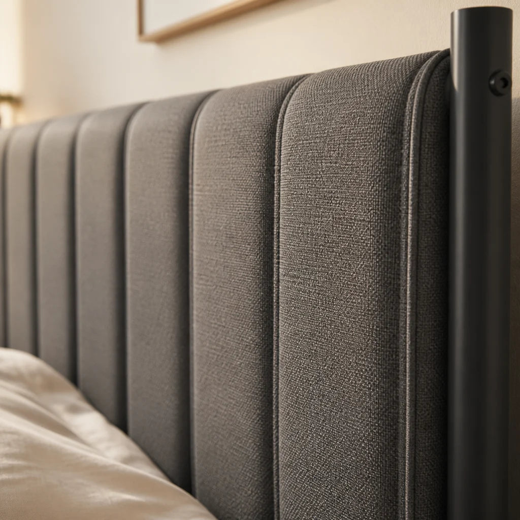 Gros plan sur la tête de lit cannelée : trame du tissu aspect lin gris charbon et couture verticale régulière