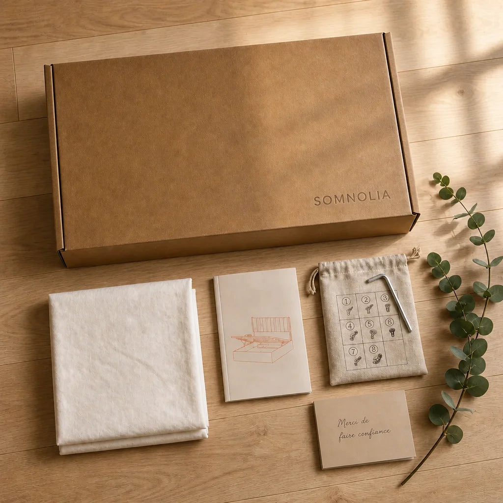 Colis Somnolia fermé sur parquet de chêne clair, avec housse de protection, notice illustrée, pochette de visserie numérotée et carte de remerciement
