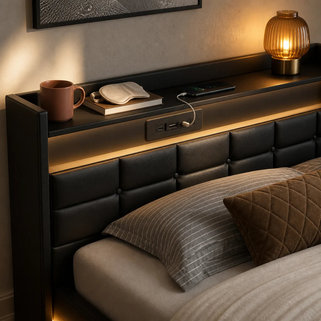 Étagère intégrée à la tête de lit avec téléphone branché aux ports USB-C, mug et livre, sous le bandeau LED ambre