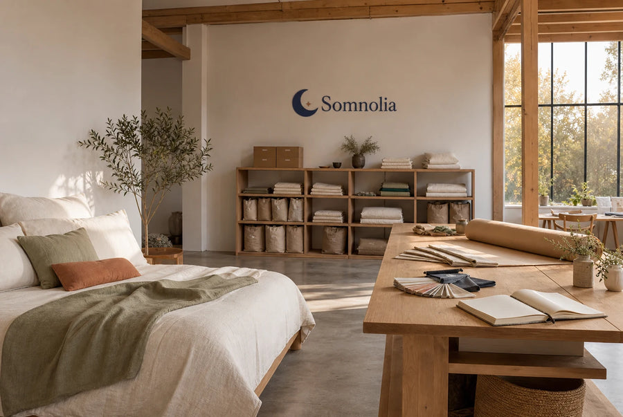 Atelier-showroom Somnolia : lit exposé, table de travail en chêne clair et étagères de literie
