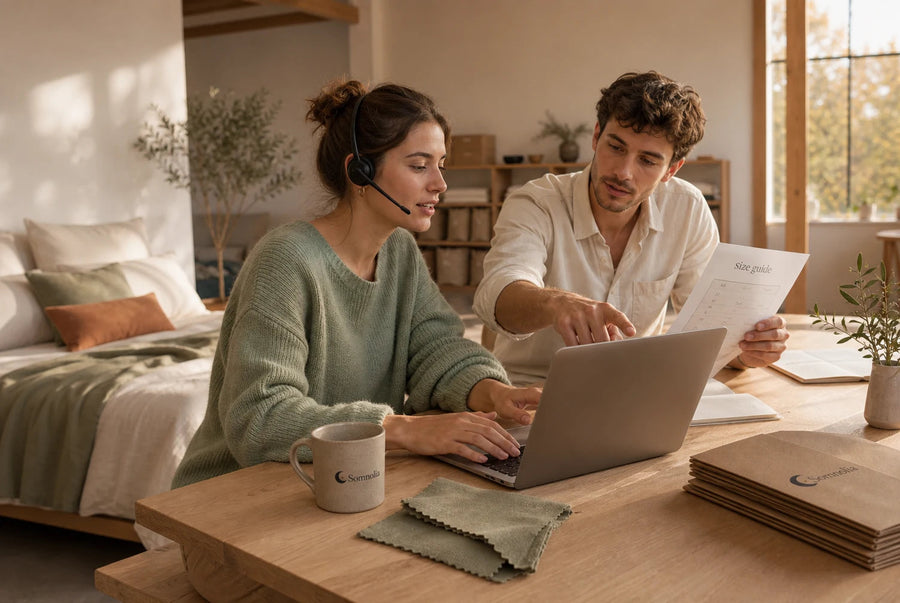 Deux conseillers Somnolia au service client dans l'atelier