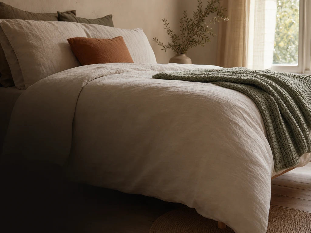 Couette épaisse et plaid en maille vert sauge sur un lit