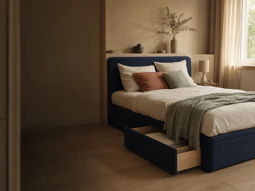 Lit coffre bleu encre avec rangement dans une chambre lumineuse