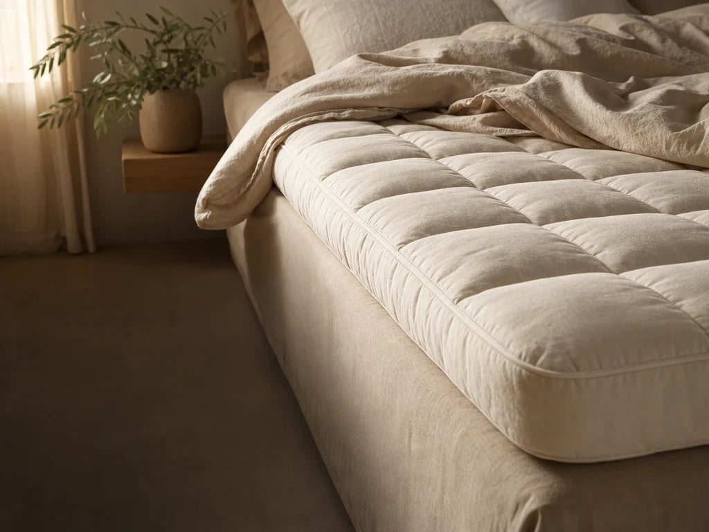 Surmatelas matelassé écru posé sur un lit