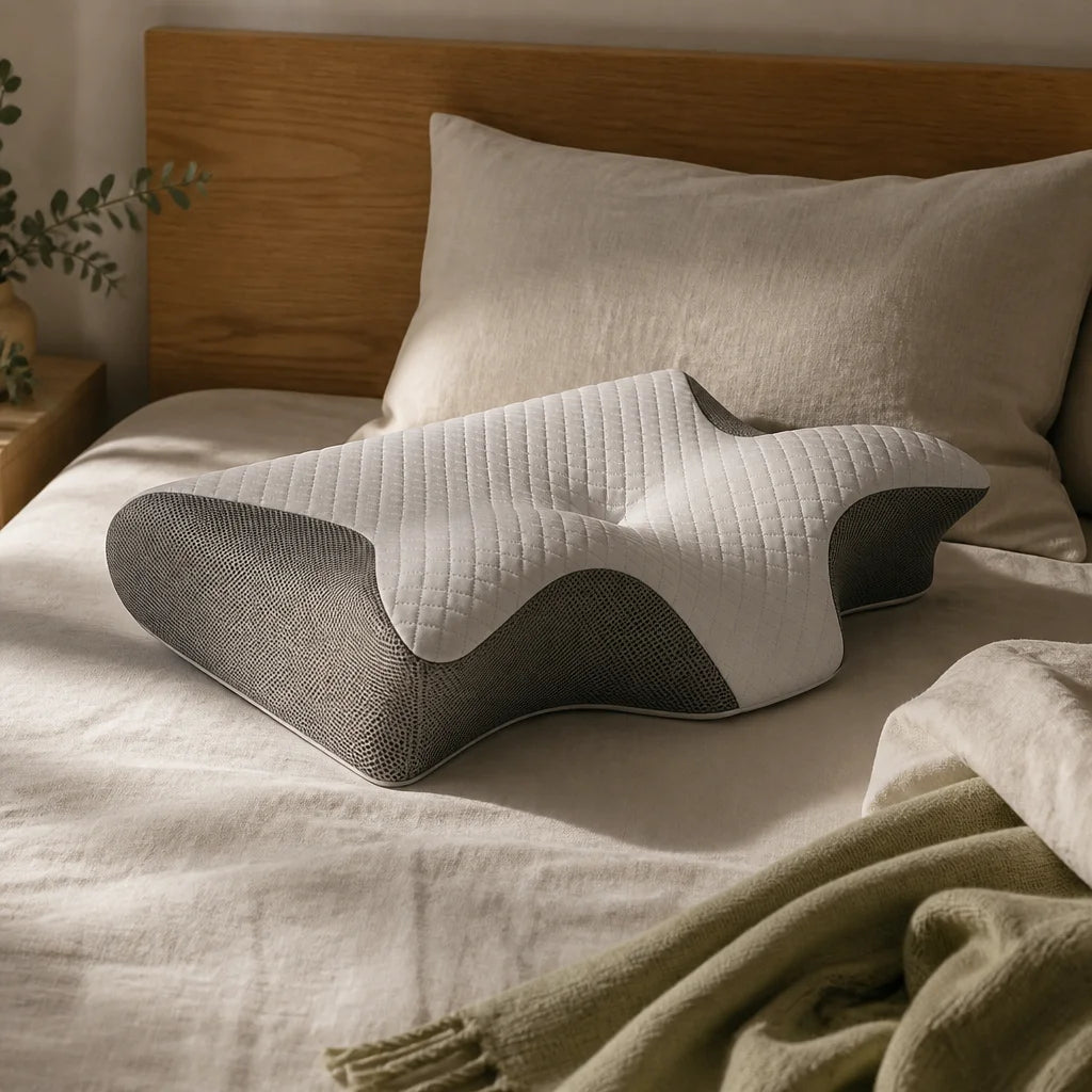 Oreiller ergonomique Somnolia à forme papillon posé sur un lit en chêne clair et lin écru
