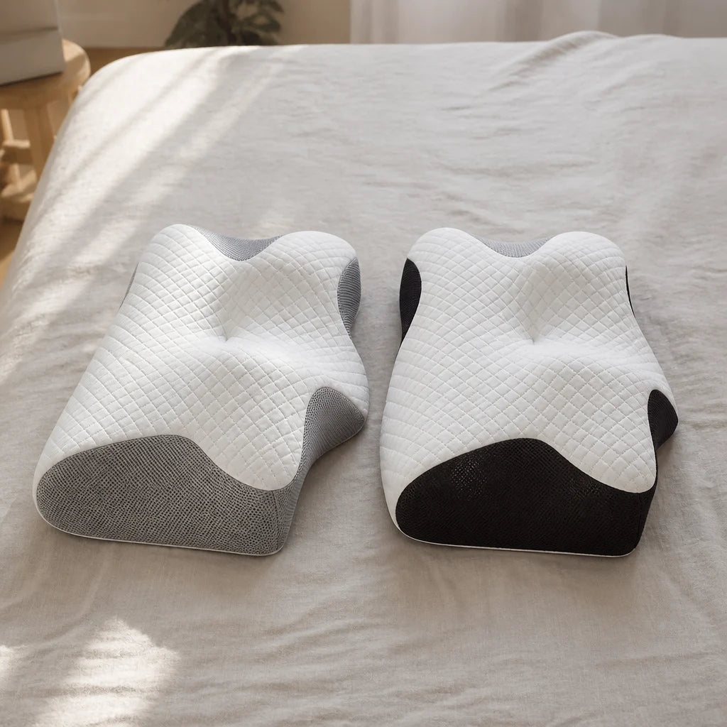 Les deux coloris vus de dessus : maille grise et maille noire, creux central et bourrelets latéraux