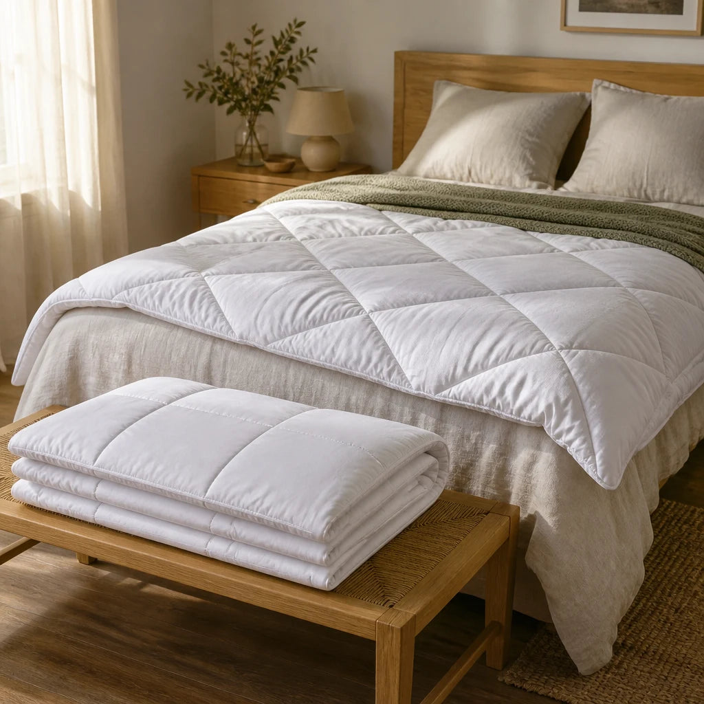 Couette 4 saisons Somnolia : la tempérée dépliée sur le lit, la légère pliée sur un banc en chêne