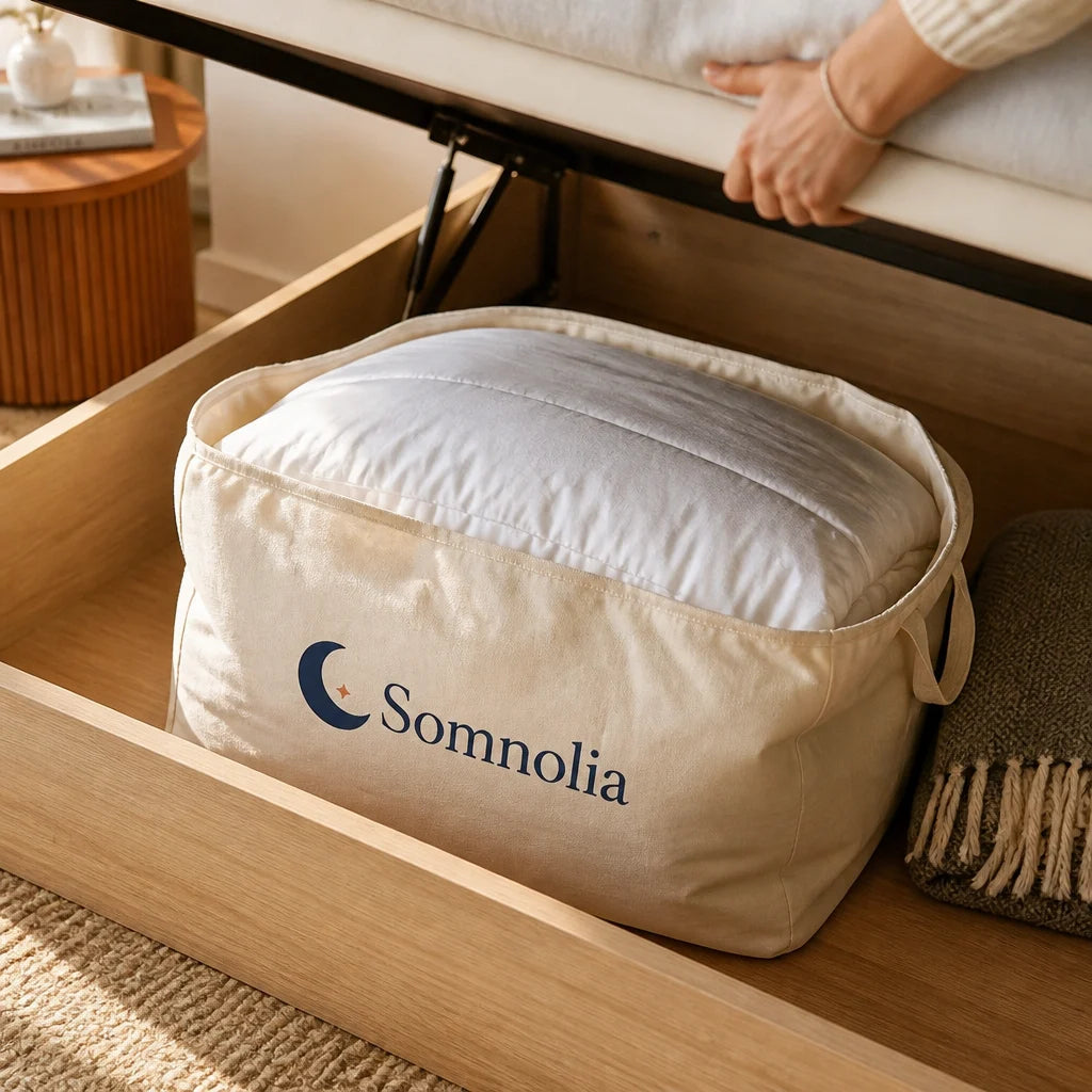 Couette rangée dans sa housse en coton Somnolia, glissée dans le coffre de rangement d'un lit