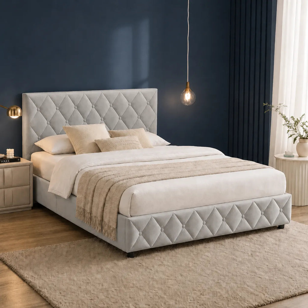 Lit coffre 140x200 beige ou gris capitonné — avec rangement, sommier à lattes inclus