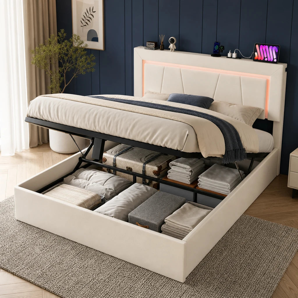 Lit Coffre Rembourré LED Beige — 140x200