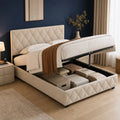 Lit coffre 140x200 beige ou gris capitonné — avec rangement, sommier à lattes inclus