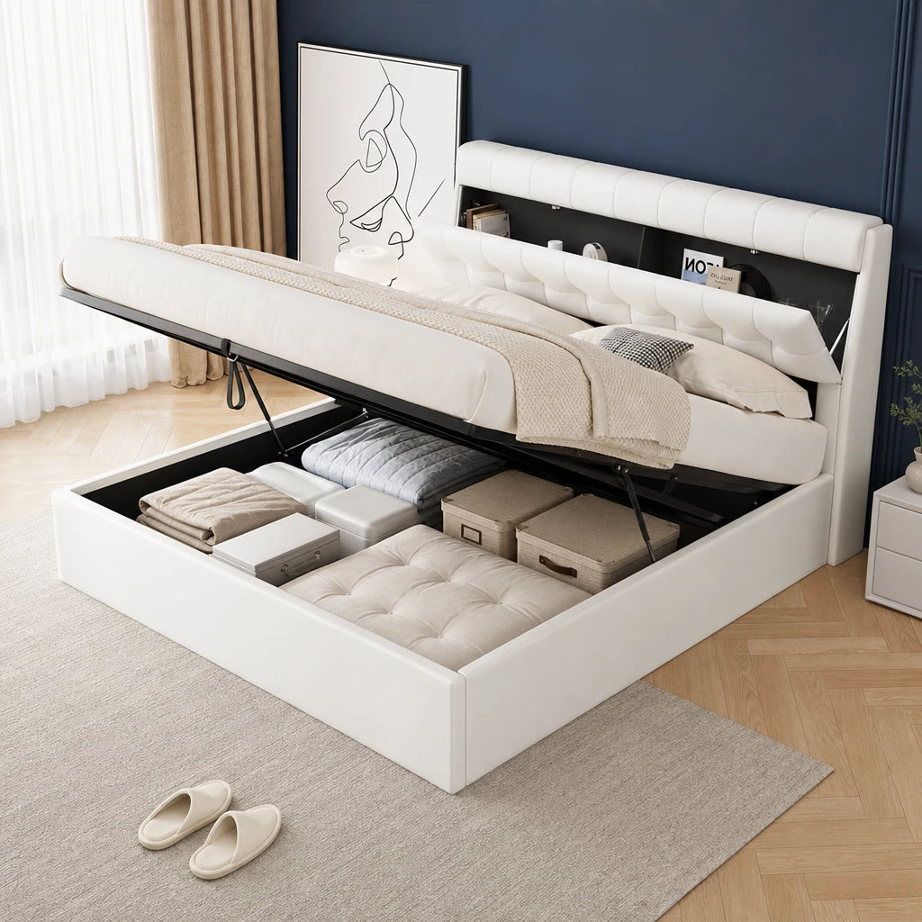 Lit Coffre Simili Cuir Capitonné Blanc — 140x190