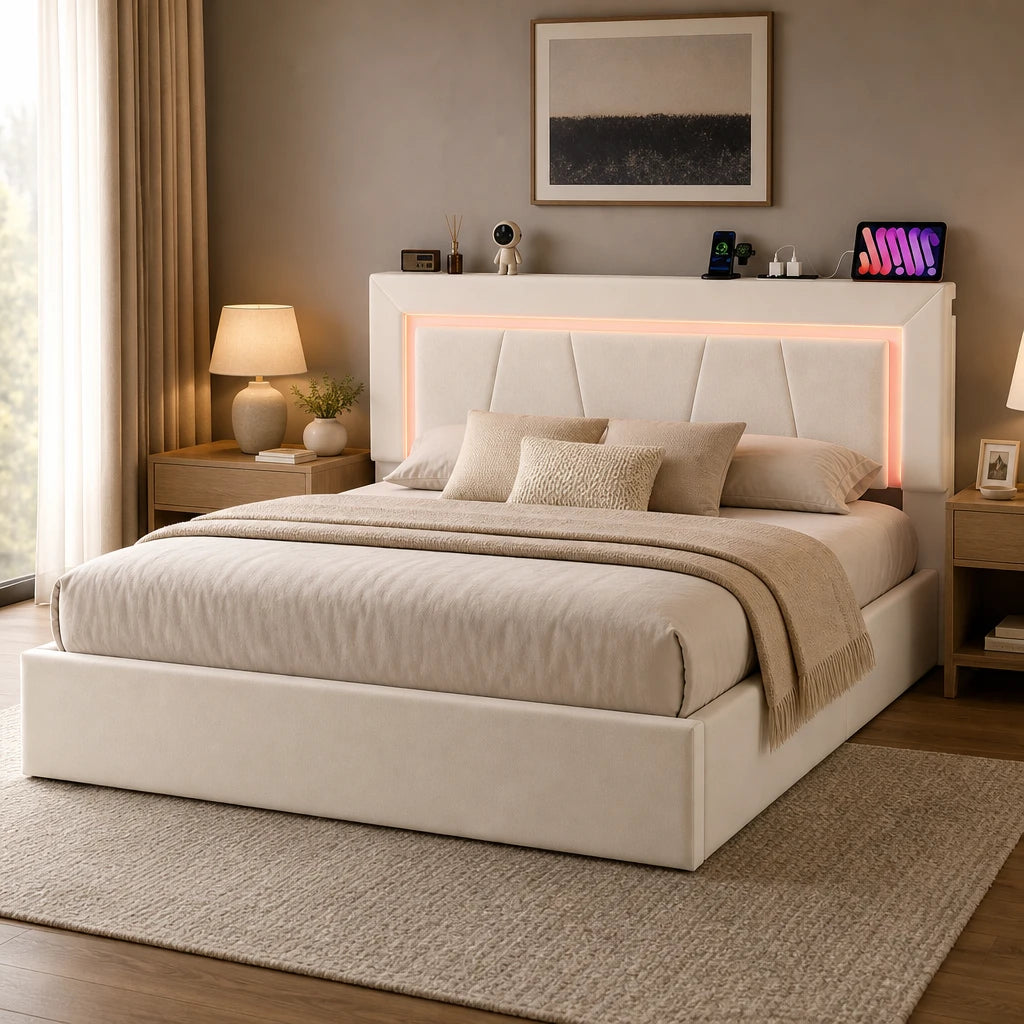 Lit Coffre Rembourré LED Beige — 140x200