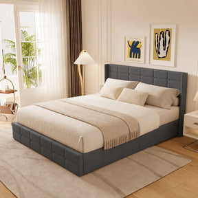 Lit coffre 160x200 capitonné gris ou beige — avec rangement, sommier à lattes inclus