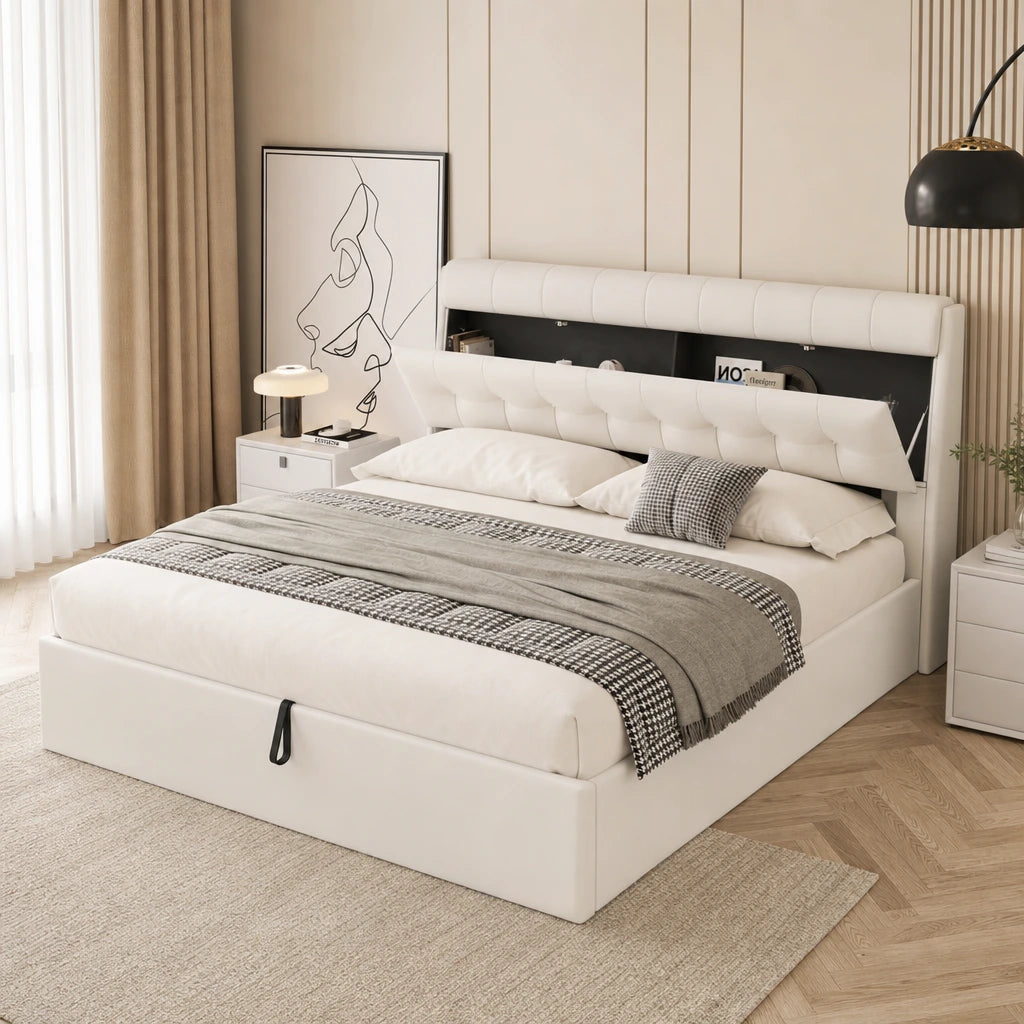 Lit Coffre Simili Cuir Capitonné Blanc — 140x190