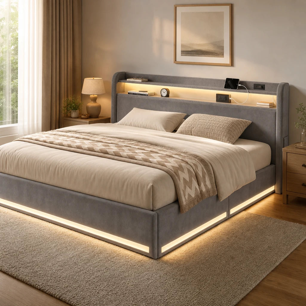 Lit Coffre Velours Gris LED — 140x200