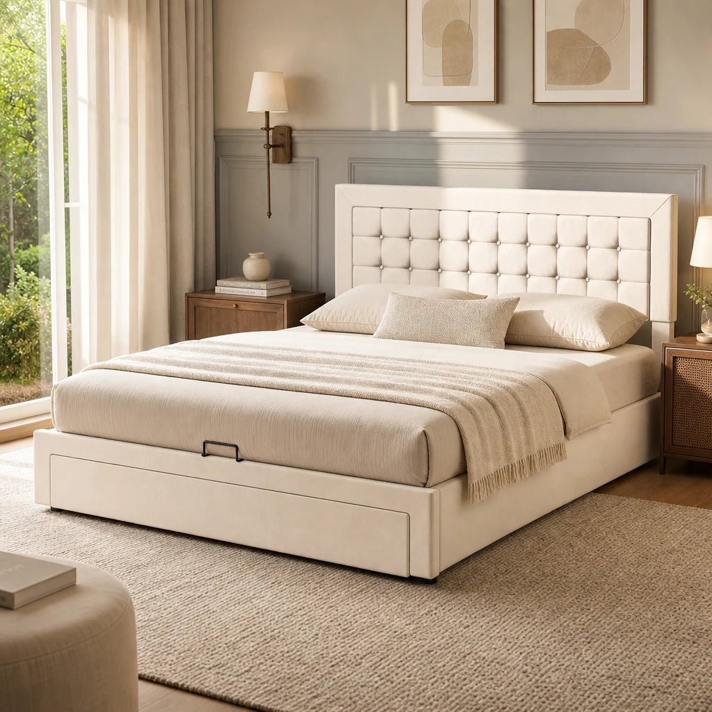 Lit Coffre Lin Capitonné Beige