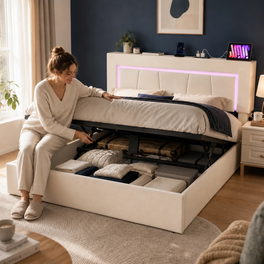Lit Coffre Rembourré LED Beige — 140x200