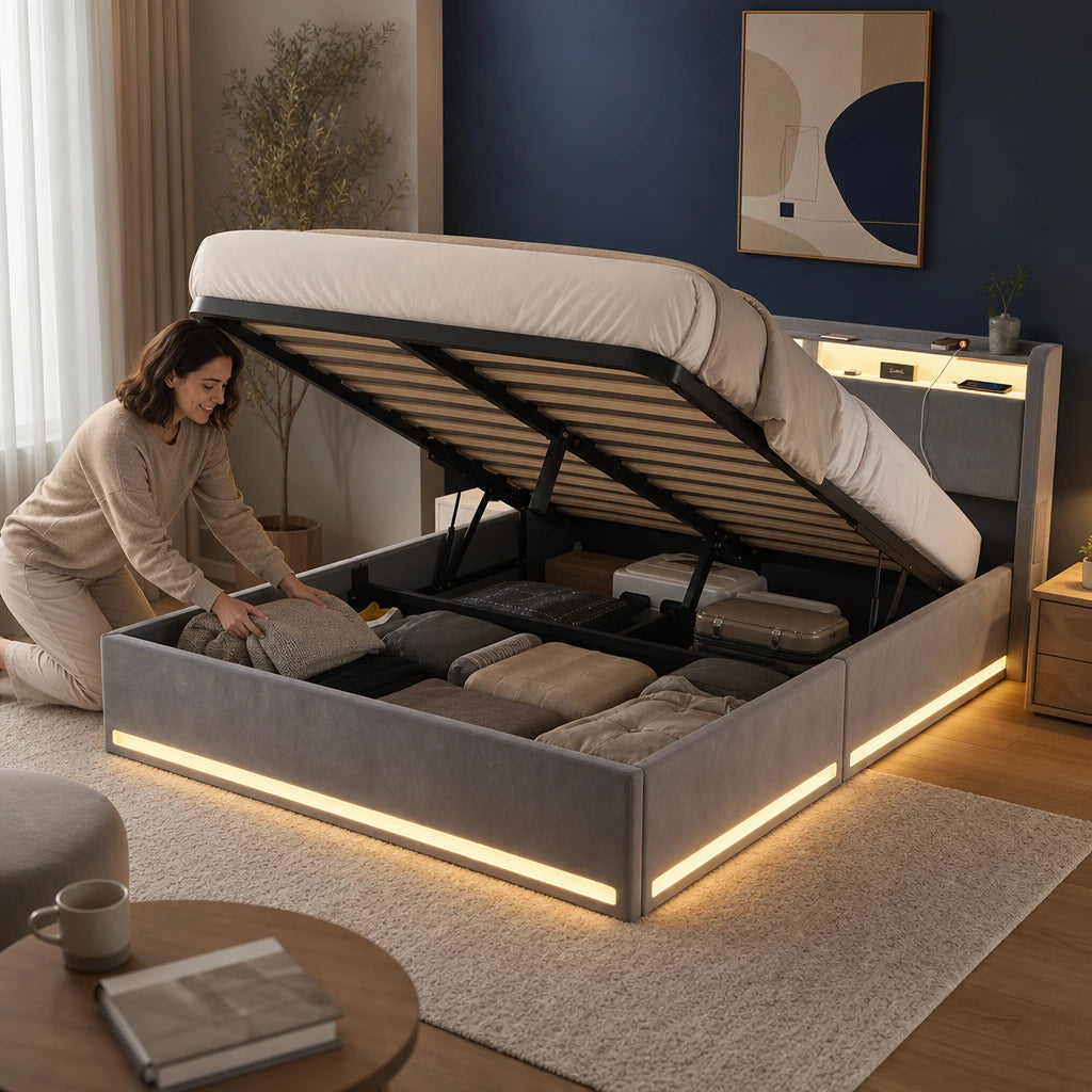Lit Coffre Velours Gris LED — 140x200