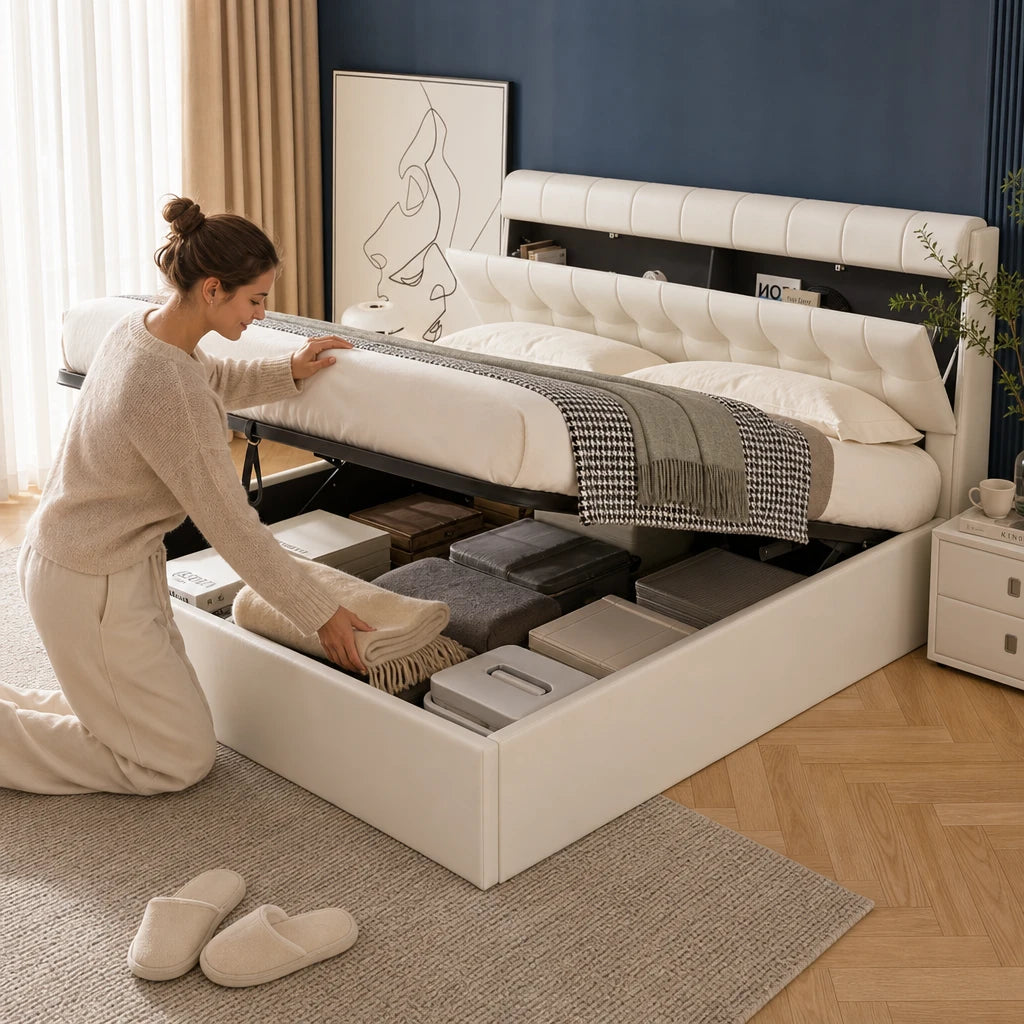 Lit Coffre Simili Cuir Capitonné Blanc — 140x190