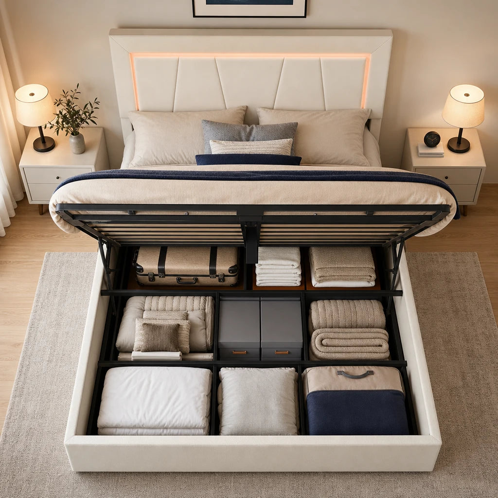 Lit Coffre Rembourré LED Beige — 140x200