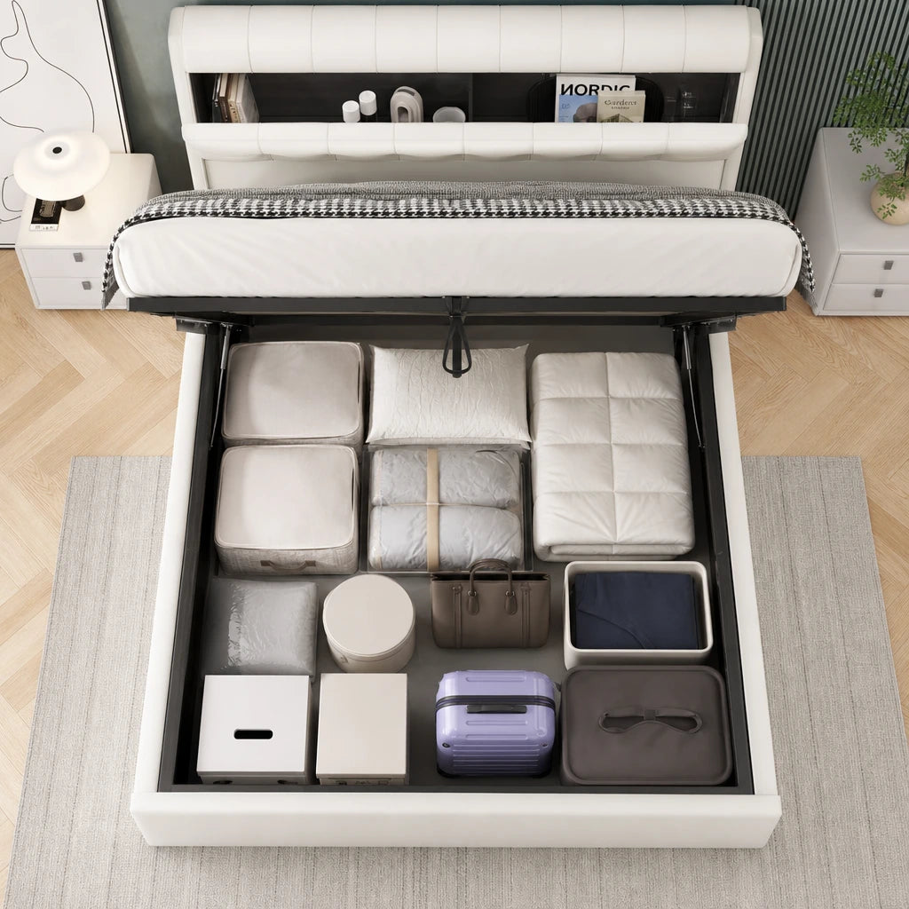 Lit Coffre Simili Cuir Capitonné Blanc — 140x190