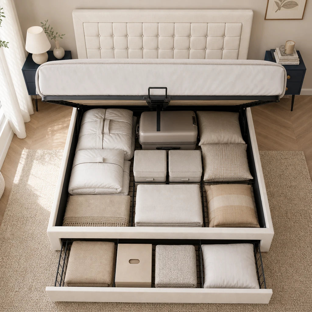 Lit Coffre Lin Capitonné Beige
