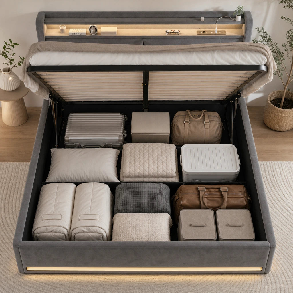 Lit Coffre Velours Gris LED — 140x200