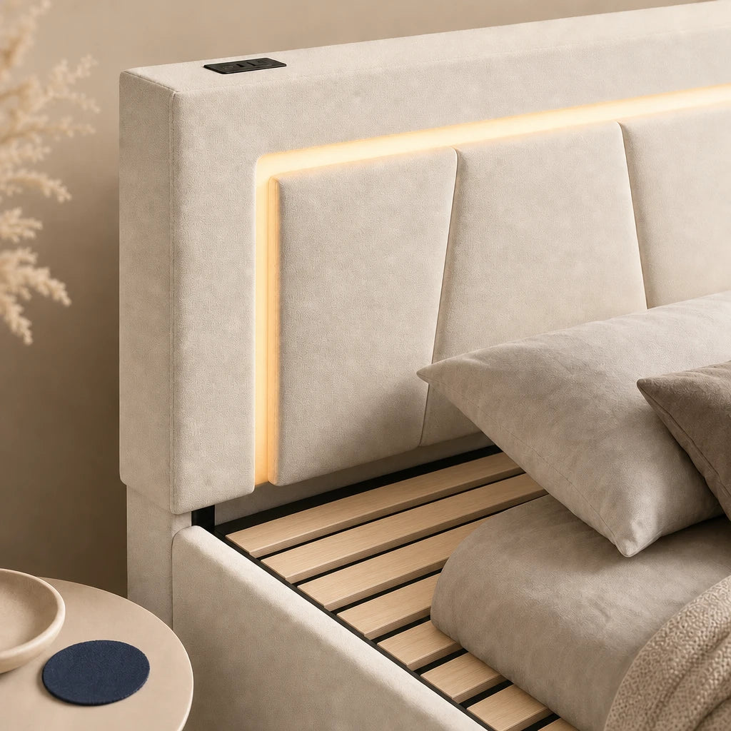 Lit Coffre Rembourré LED Beige — 140x200