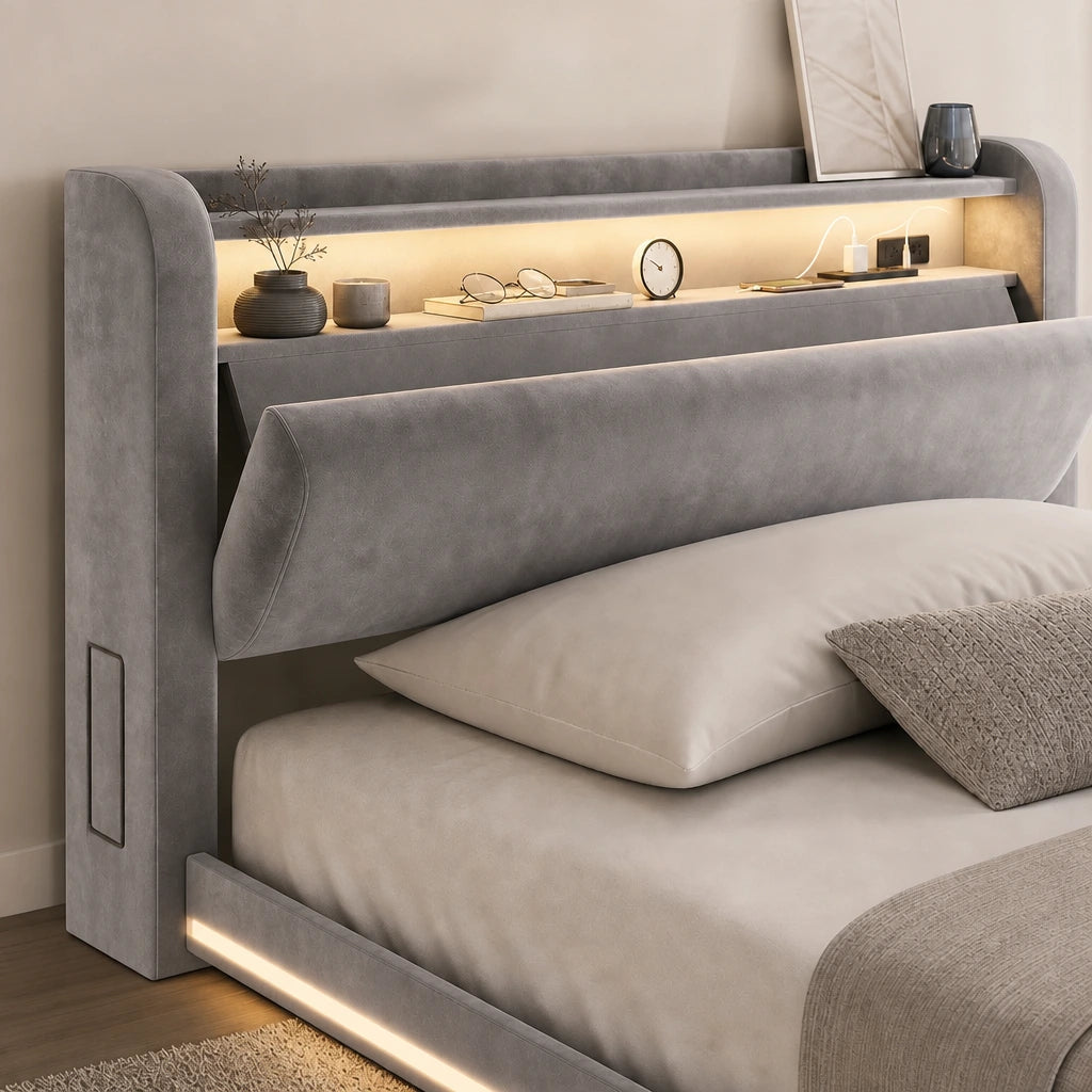 Lit Coffre Velours Gris LED — 140x200