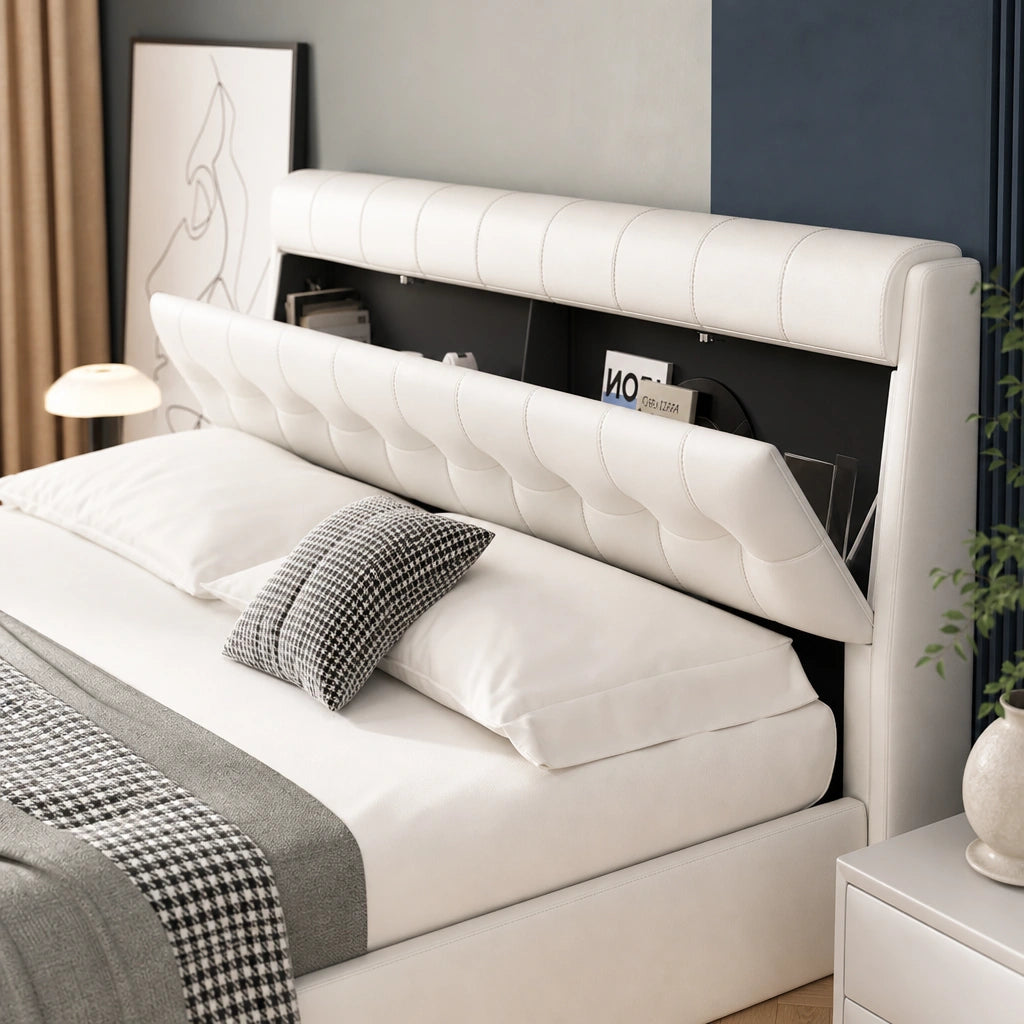 Lit Coffre Simili Cuir Capitonné Blanc — 140x190