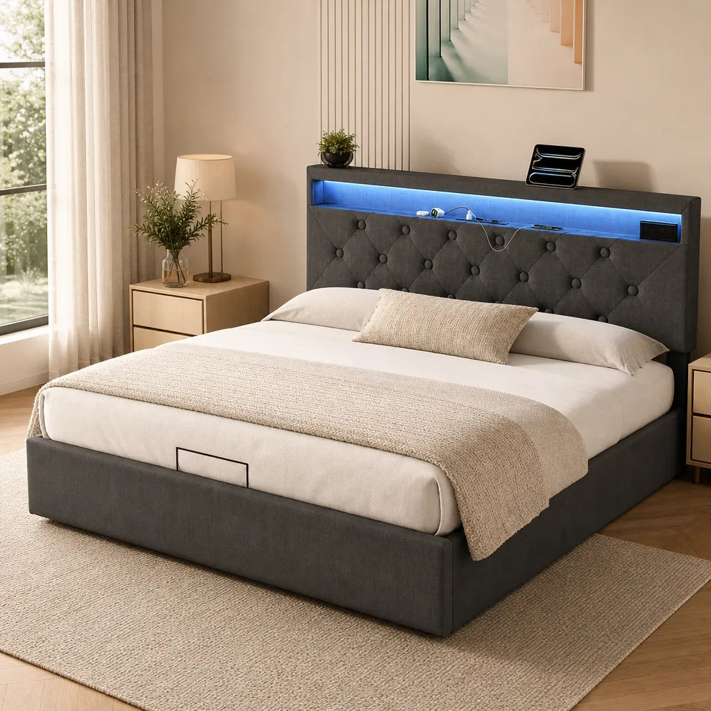 Lit Coffre Tissu Capitonné Gris LED — 160x200
