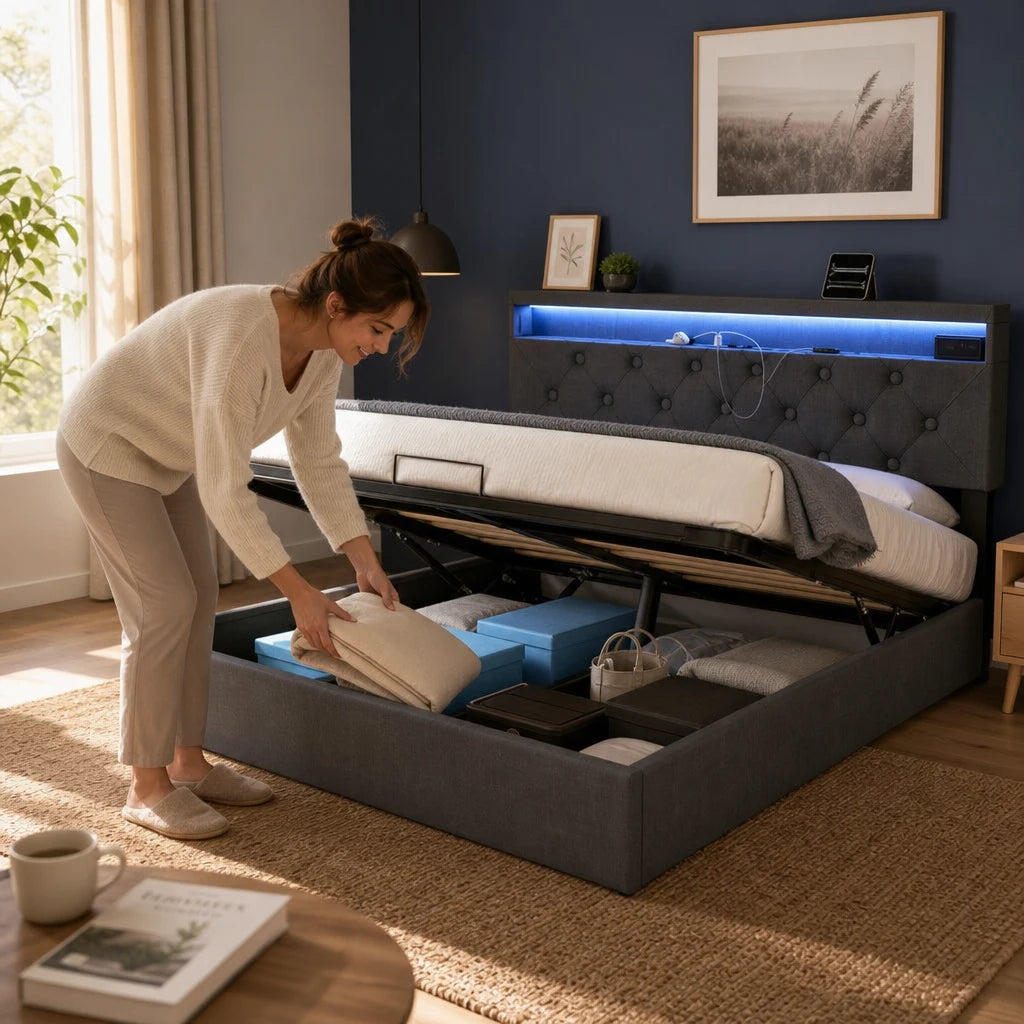 Lit Coffre Tissu Capitonné Gris LED — 160x200