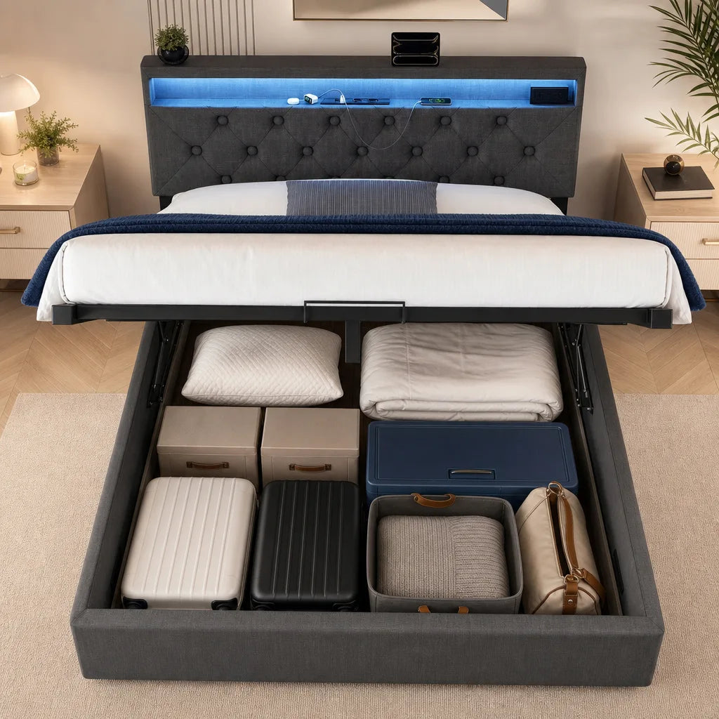 Lit Coffre Tissu Capitonné Gris LED — 160x200