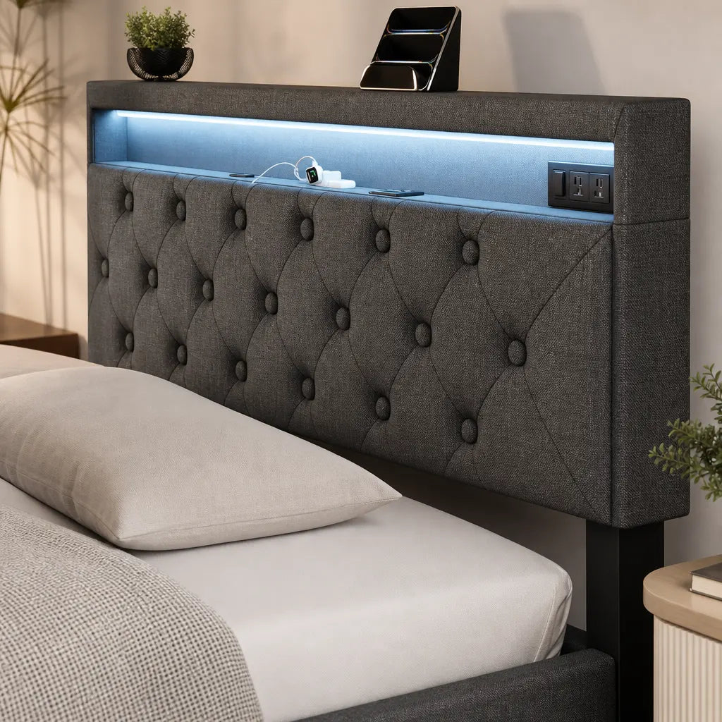Lit Coffre Tissu Capitonné Gris LED — 160x200